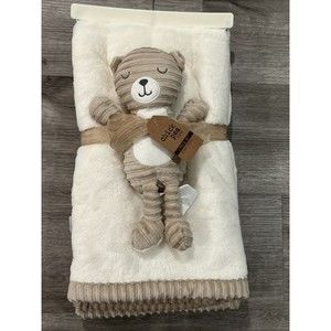 Chick Pea Baby Blanket Set Teddy Bear Toy Ivory Beige Ribbed Trim Sherpa New